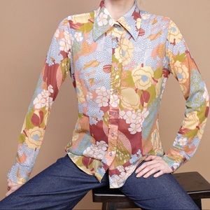 Vintage 70s floral pointed collar boho hippie top